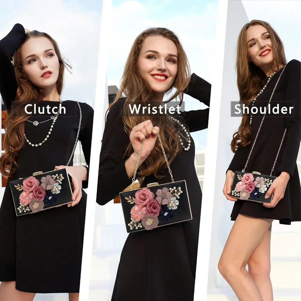 Women's Flower Evening Clutch Purse Floral Satin Leather Wedding Party Bag